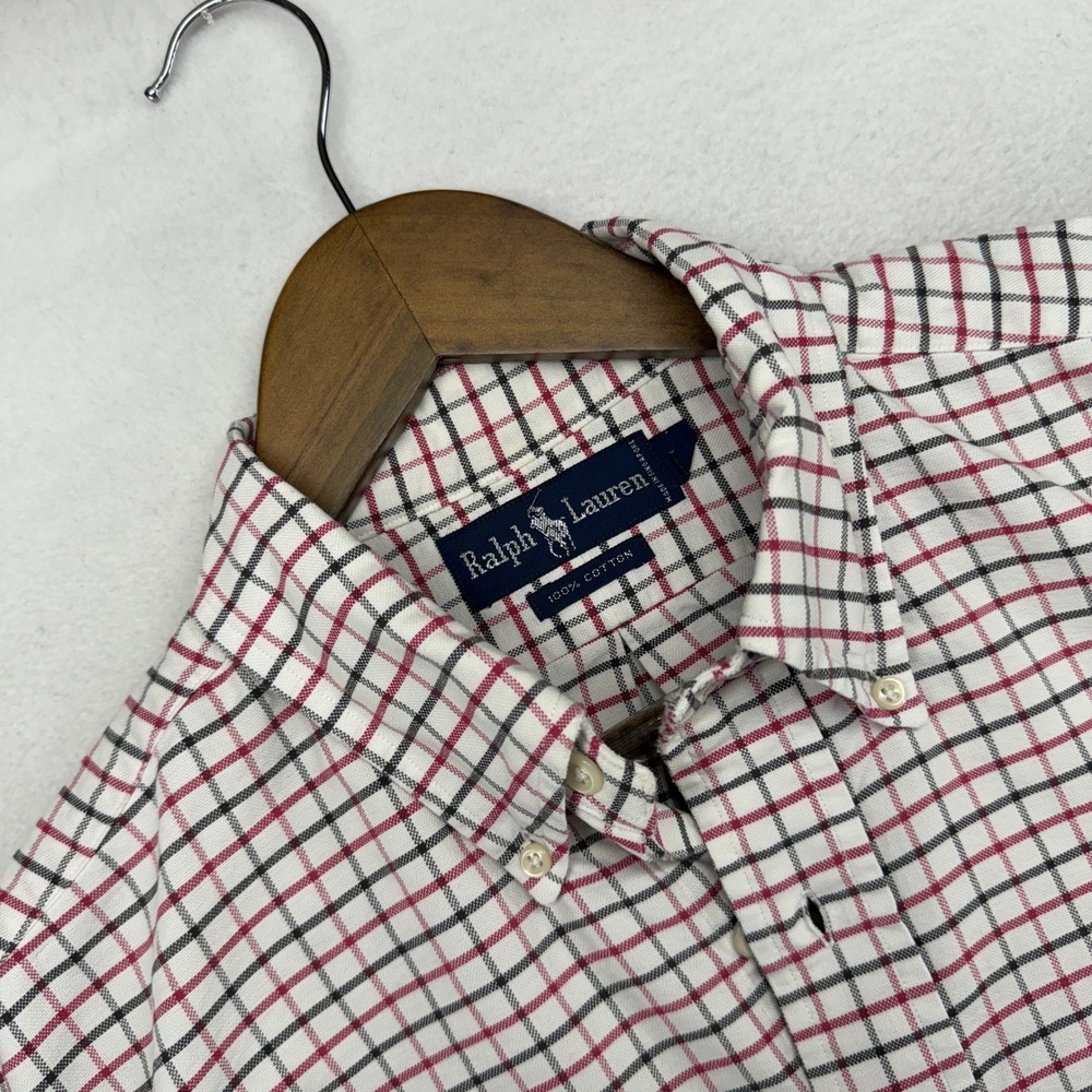 Vintage Ralph Lauren Oxford Shirt Mens Large White Red Check Button Down OCBD